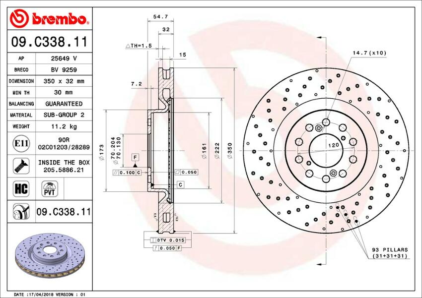 OEM BREMBO SINGLE PIECE BRAKE ROTOR FRONT CIVIC TYPE-R 2017+