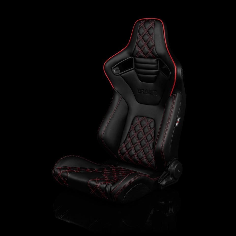 Braum Racing Elite-X Series Sport Seats (Pair) - Black Diamond (Double Red Stitching / Red Piping)