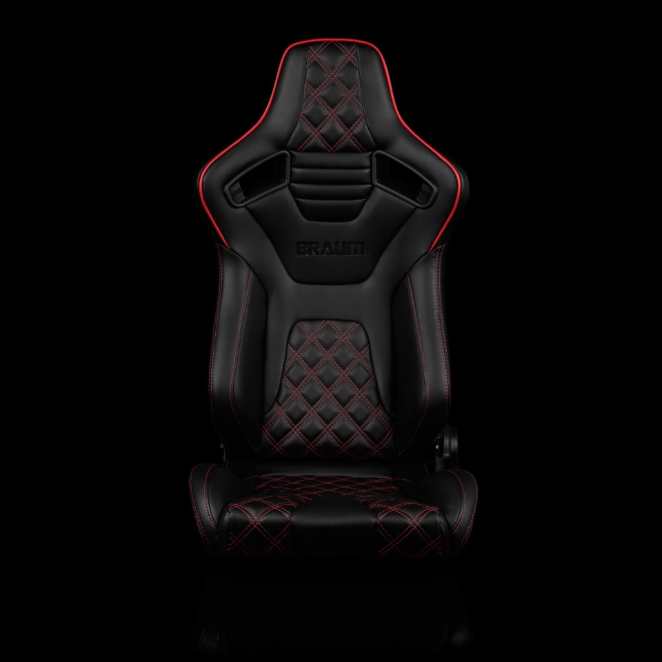 Braum Racing Elite-X Series Sport Seats (Pair) - Black Diamond (Double Red Stitching / Red Piping)
