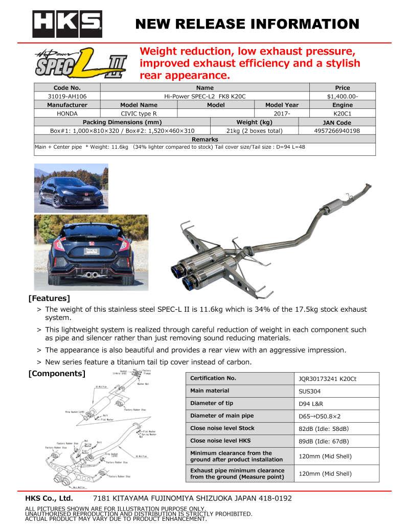 HKS Hi-Power SPEC-L2 Exhaust - Honda Civic Type R FK8 17-21